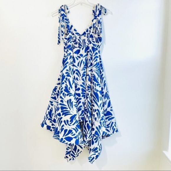 Alexis Womans Dress Small Blue Satin Floral Print Asymmetrical Hem Swing New - Picture 7 of 17